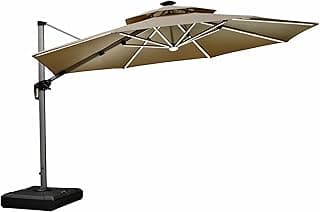 PURPLE LEAF 12ft Solar powered LED Patio Umbrella Outdoor Round Umbrellas Large Cantilever Umbrellas with LED lights Windproof Offset Umbrella Heavy Duty Sun Umbrella for Garden Deck Pool Patio, Beige