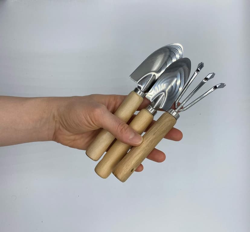 RyKing Small Garden Tool Set, 8 Piece Gardening Balcony Mini Kit Bag, Trowel Transplanter Hand Rake Pruner Snips Shovel Gloves Watering Spray, Stainless Steel Wooden Handles, Gift for Woman Men Kids