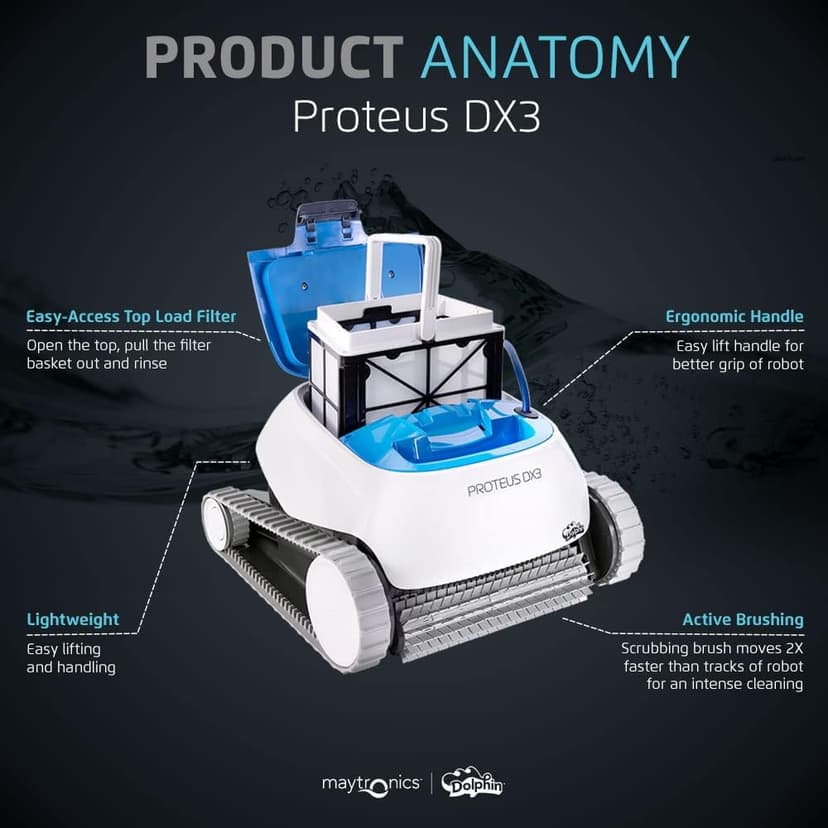 Dolphin Proteus DX3 Automaitc Robotic Pool Vacuum Cleaner, Wall Climbing, Active Scrubber Brush, Ideal for In-ground Pools up to 33 FT in Length