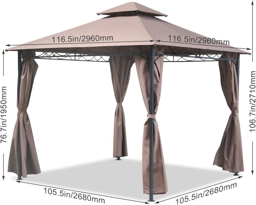10'x10' Outdoor Patio Gazebo Heavy Duty Steel Frame Canopy with Double Roof, Privacy Curtains, for Garden, Backyard, and Lawn (Brown)