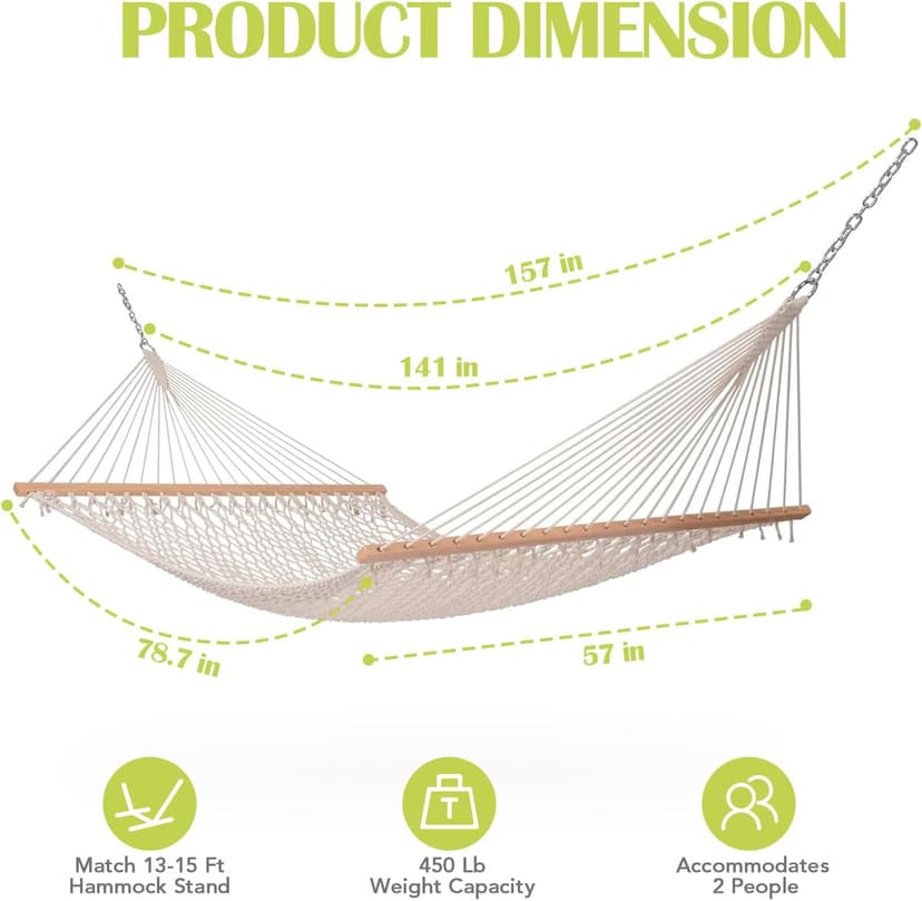 Lazy Daze Hammocks 12FT Double Rope Hammocks, 2 Person Hand Woven Cotton Hammock with Spreader Bar for Outdoor, Indoor, Patio, Poolside, FIT 13-15 Foot Stand, Max 450 Lbs, Natural, 141 x 57 inches