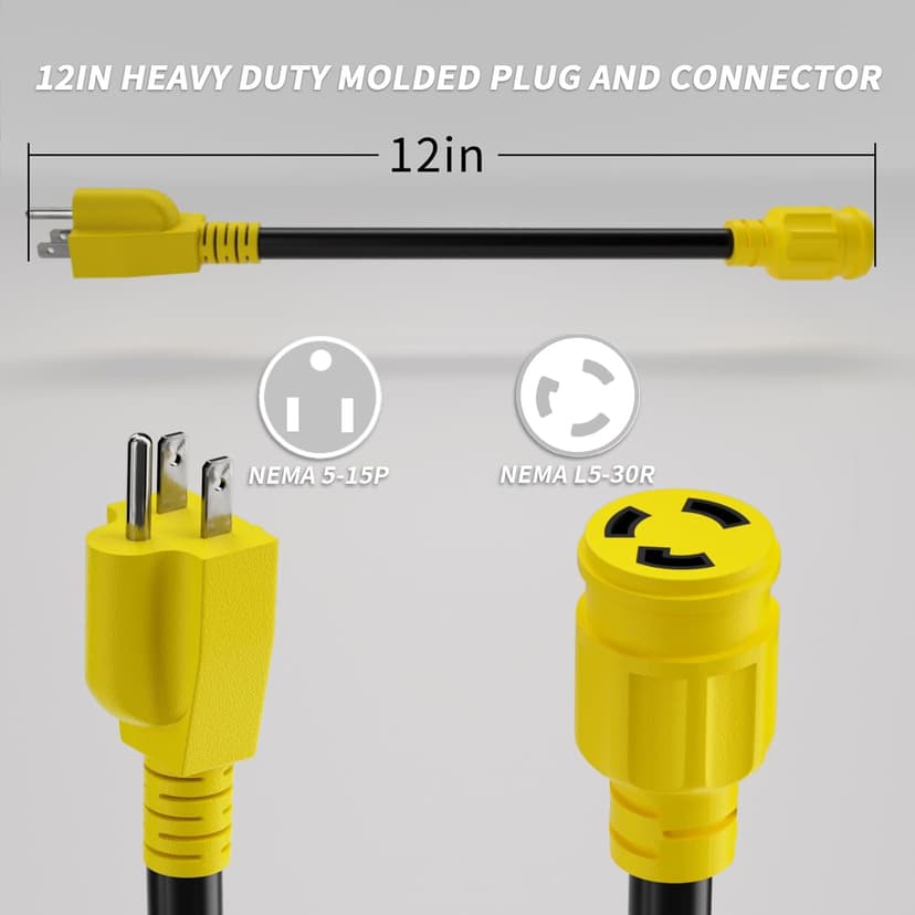 3 Prong 15 Amp to 30 Amp RV Generator Adapter Cord, NEMA 5-15 Male Plug to NEMA L5-30 Female Plug, 12 Inch(1 FT) 10 Gauge STW Heavy Duty Power Cord, Max 15A 125V 1875W, Yellow, ETL Listed