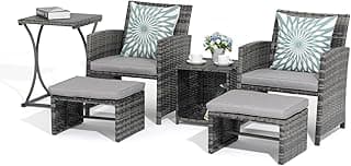 OC Orange-Casual 6 Piece Patio Furniture Conversation Set with Ottoman, Outdoor Grey Wicker Chair and Table Set, Balcony Furniture for Apartments, Light Grey