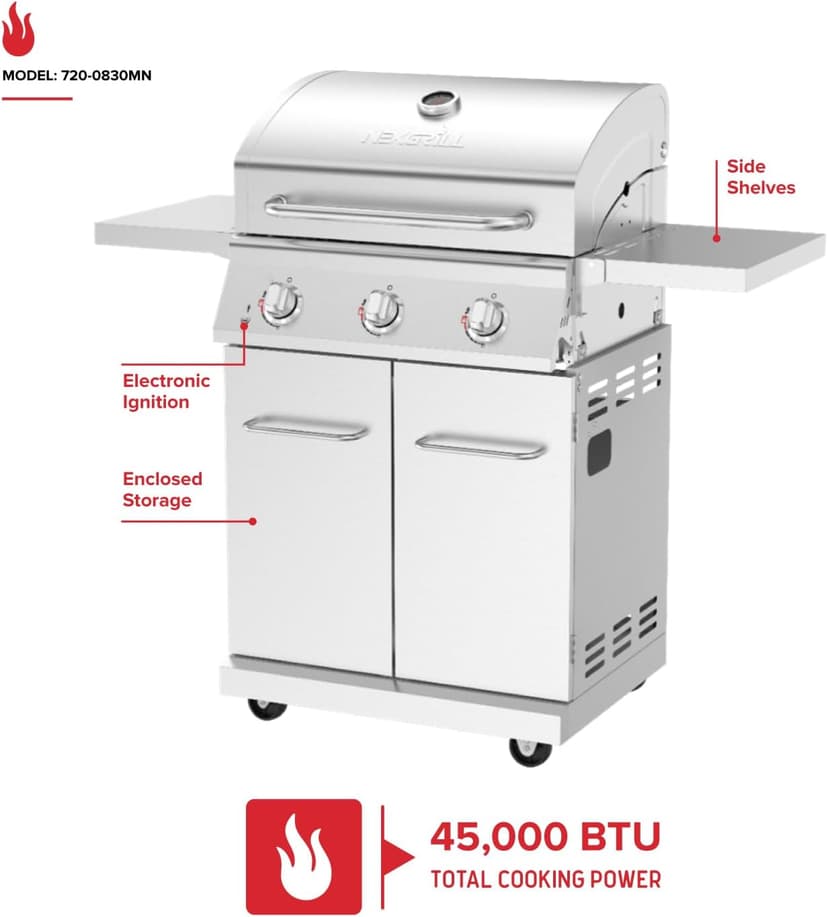Nexgrill Stainless Steel 3-Burner Propane Gas Grill w/Foldable Side Shelves, 40,500BTUS, 591.05 sq. in. Cooking Area, Perfect for Outdoor Cooking & Grilling, BBQs, Backyard, Tailgating, 720-0830MN