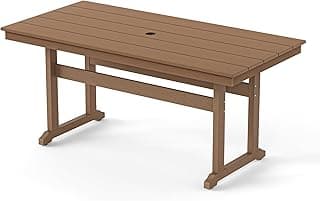 Rectangle Outdoor Dining Tables for 6, HDPE Weather Resistant Patio Dining Table, 66" Outdoor Tables for Patio with 1.96" Umbrella Hole for Porch, Balcony, Backyard, Light Brown