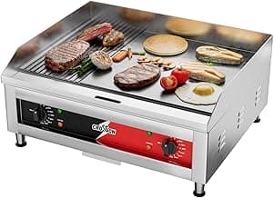 CROSSON 2 In 1 Electric Grill and Griddle Combo,1/3 Ribbed 2/3 Flat 24"×16" Commercial Countertop Griddles with Non-Stick 2/5" Thick Iron Cooking Plate for Restaurant and Home use,Spatula Included