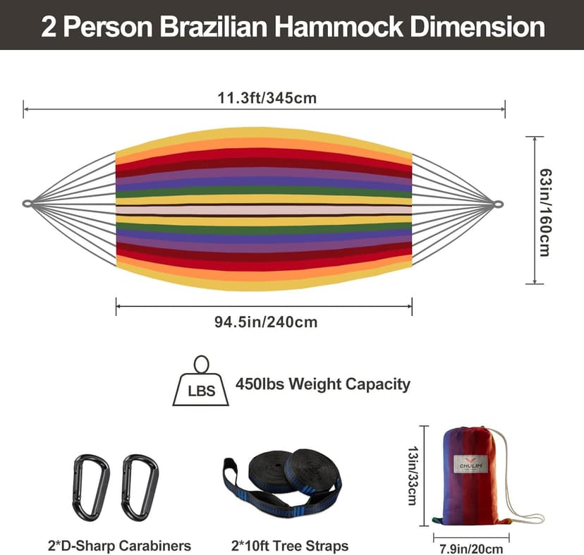 Brazilian Double Hammock with Tree Straps,Extra Large 240x160cm,2 Persons Hammock for Backyard Patio Outdoor and Indoor,450lbs Weight Capacity,Soft Woven Cotton Fabric Red Stripe