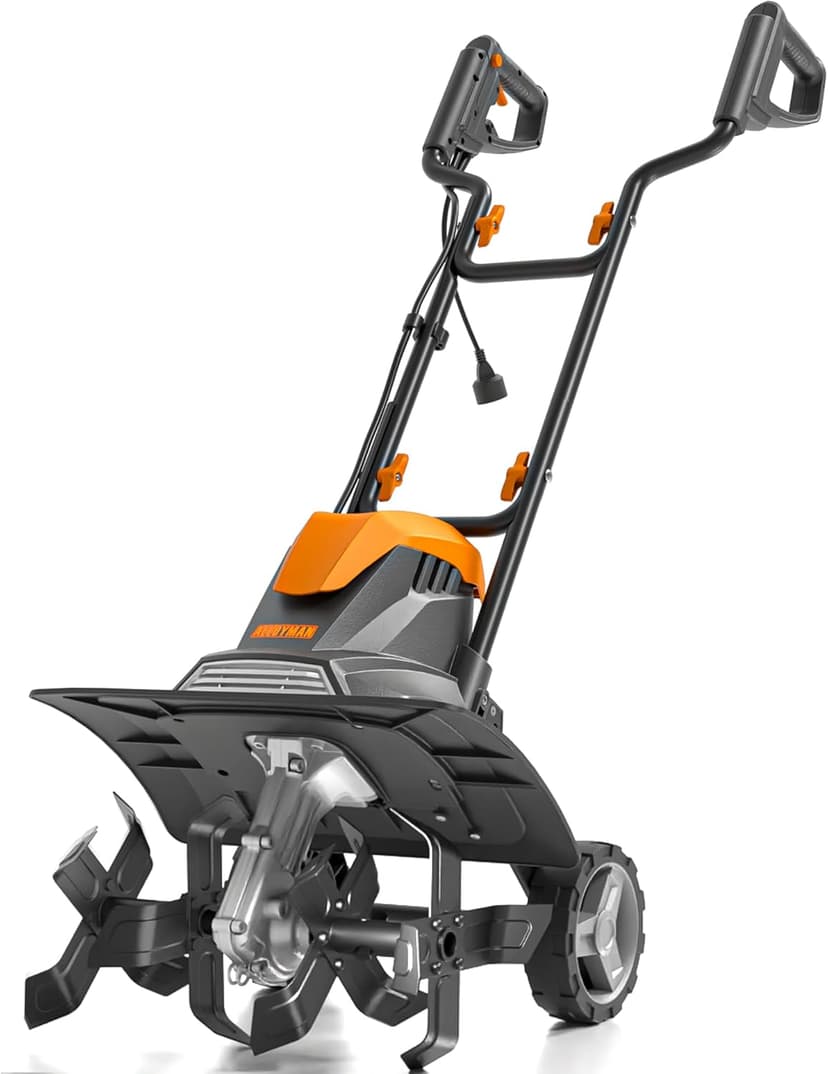 Alloyman 10-Amp Electric Tiller Cultivator, 14 Inch Tilling Width 8.7-Inch Corded Tiller with Foldable Handle, Adjustable Wheels Rototiller for Garden Lawn Yard Soil Cultivation