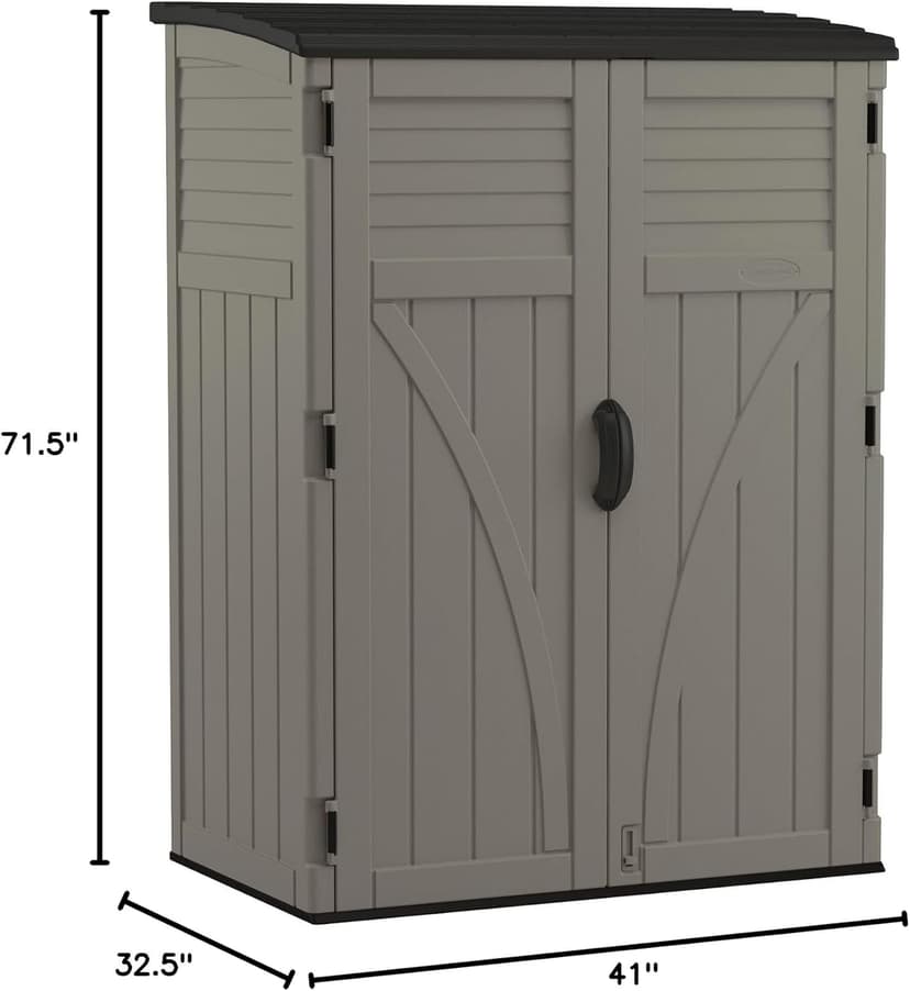 Suncast 54 Cubic Ft. Vertical Resin Outdoor Storage Shed with Lockable Double Doors, Weather-Resistant Multi-Wall Panels, Customizable Shelving, Stoney, Made in the USA