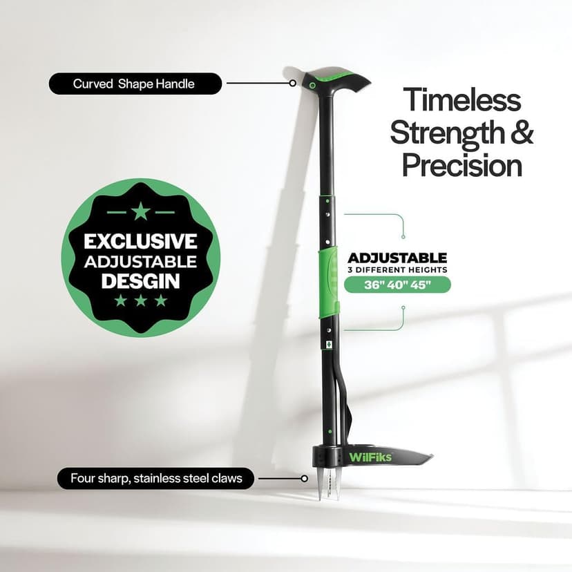 Weed Puller Tool with Long Adjustable Handle (36", 40", & 45"), Quick-Release Weed Ejector Mechanism, Lightweight Aluminum Stand-Up Heavy Duty Weed Remover, 4-Claw Head & Foot Pedal for Easy Weeding