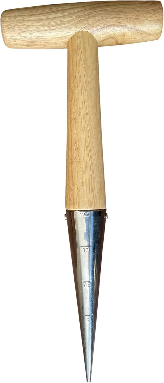 Garden Guru Steel Dibber Planter Tool for Planting Seeds & Bulbs - High Carbon Steel & Comfortable Wood Carved Handle - for Consistent Planting Flowers Tulips, Daffodils, Dahlias