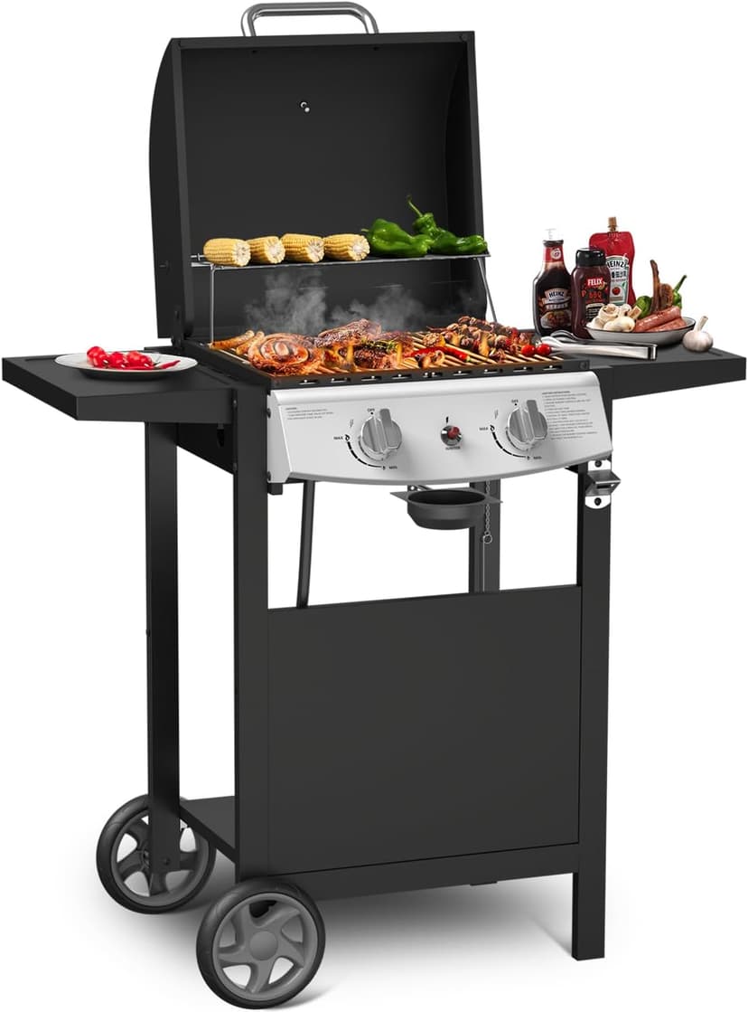 Propane Gas Grill 21000 BTU with 2-Burner,325 sq.in. Outdoor BBQ Grill for Barbecue Cooking with Top Cover Lid,Wheels,Side Storage Shelves,Barbeque Stove for Patio Garden Camping,Black