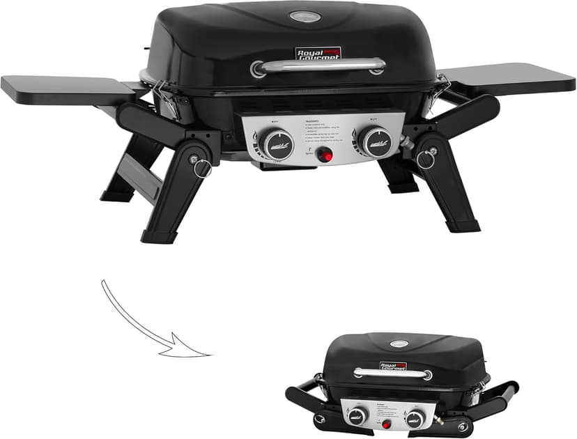 Royal Gourmet GT2005 2-Burner Portable Propane Gas Grill with Foldable Side Tables & Foldable Support Legs, Tabletop Gas Grill with Warming Rack for for Outdoor Cooking & Grilling, Black