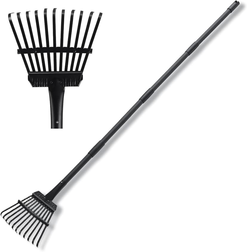 Small Garden Rake for Leaves,11 Tines Heavy Duty Metal Yard Hand Rake with 63in Long Adjustable Handle, Ideal Leaf Scoops Garden Tool for Gathering Leaves, Shrub,Poop, Leveling Grass,Flower Beds,Yards