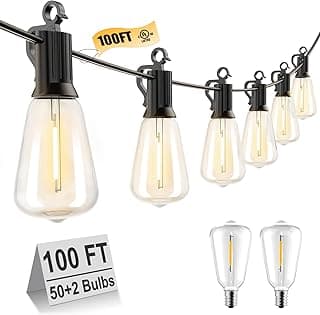 Brightown Outdoor String Lights 100FT Patio Outside Hanging Lights with 52 Shatterproof ST38 Dimmable Vintage Waterproof Edison Bulbs for Backyard Deck Garden Party Xmas Decor, 2700K