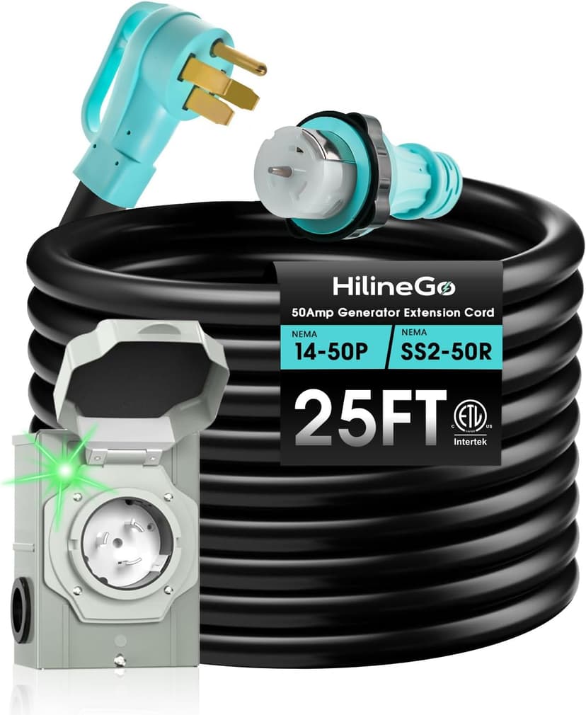 50 Amp Generator Cord 25FT and Power Inlet Box, 125V/250V Extension Power Cord, NEMA 14-50P/SS2-50R Twist Lock Connector, NEMA SS2-50P Pre-Drilled Inlet Box for Generator to House, ETL Listed