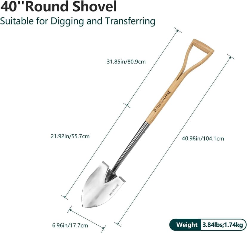 Round Point Gardening Shovel with Wood D-Handle, 40.98" Stainless Steel Beach & Snow Shovel