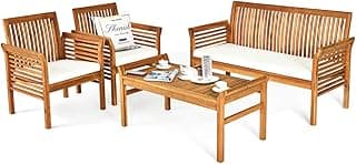 Tangkula 4 Piece Outdoor Acacia Wood Sofa Set with Water Resistant Cushions, Padded Patio Conversation Table Chair Set w/Coffee Table for Garden, Backyard, Poolside (1)