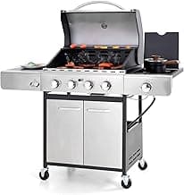 Sophia & William 4-Burner Propane Gas BBQ Grill with Side Burner and Porcelain-Enameled Cast Iron Grates, Stainless Steel Barbecue Grills Outdoor Cooking, Silver Cabinet Style, 42,000BTU