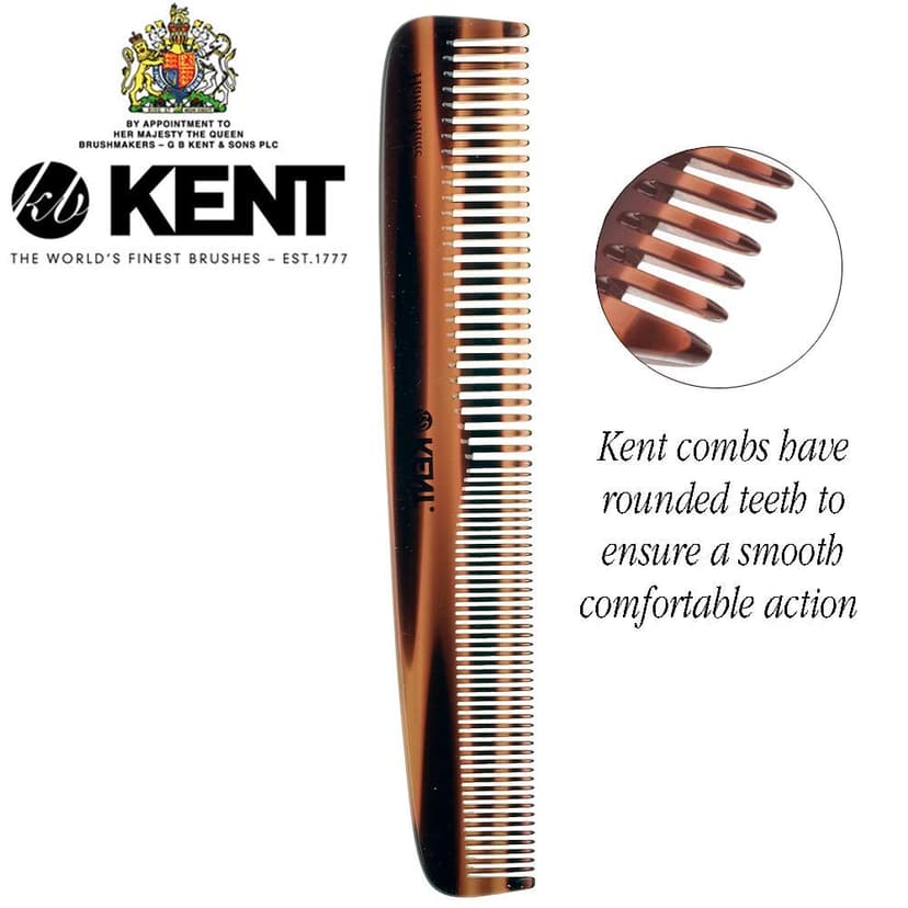 KENT 9T Double Tooth Dressing Table Comb, Tortoise Fine and Wide Tooth Coarse/Fine Dresser Comb for Hair, Beard, Mustache Styling, Grooming - For Men, Women, and Kids, Made in England