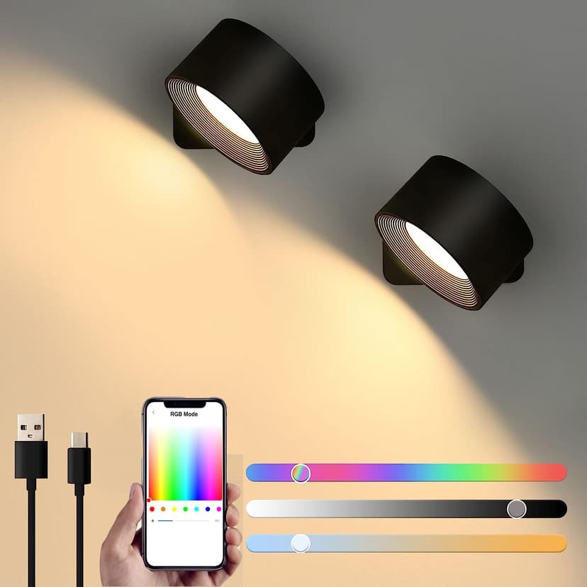 Lightess Smart LED Wall Sconces Set of 2, Dimmable Wall Mounted Lamp with 3 Lighting & RGB & Ambiance Mode, APP & Touch Control, Rechargeable Battery Operated Wall Light for Reading Bedside