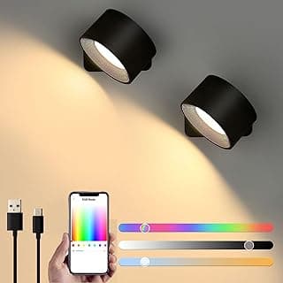 Lightess Smart LED Wall Sconces Set of 2, Dimmable Wall Mounted Lamp with 3 Lighting & RGB & Ambiance Mode, APP & Touch Control, Rechargeable Battery Operated Wall Light for Reading Bedside