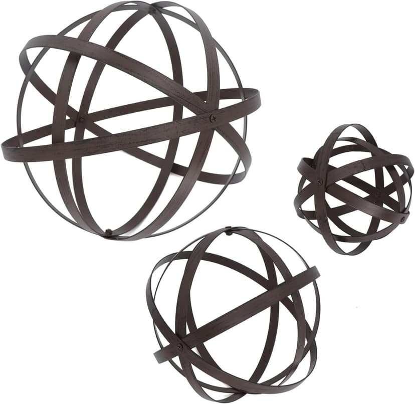3 PCS Garden Spheres Balls Assorted Size Distressed Metal Band Decorative Sphere Folding Orbs Sculpture for Outdoor Indoor Decorations 7" 10" 12" Diameter (Rusty)