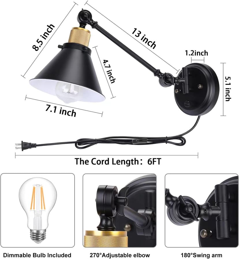 TRLIFE Wall Sconce Plug in, Dimmable Wall Sconce Wall Lights with Plug in Cord and Dimmer On/Off Knob Switch, Swing Arm Wall Light for Bedside Bedroom Stairway Living Room(1 Pack, 1 Bulb Included)