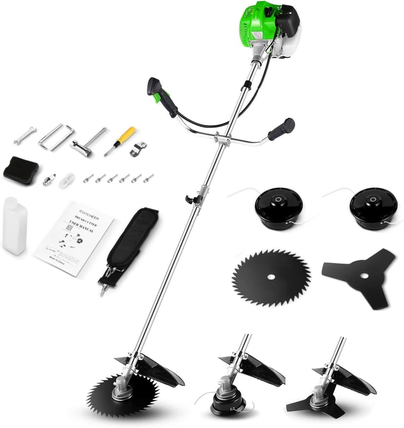 58CC Brush Cutter Gas Powered 2-Cycle 4 in 1 Gas Weed Eater 18.5" Cutting Path Gas Weed Wacker with 4 Detachable Heads Straight Shaft String Trimmer Grass Cutter Machine for Weeds and Grass, Green