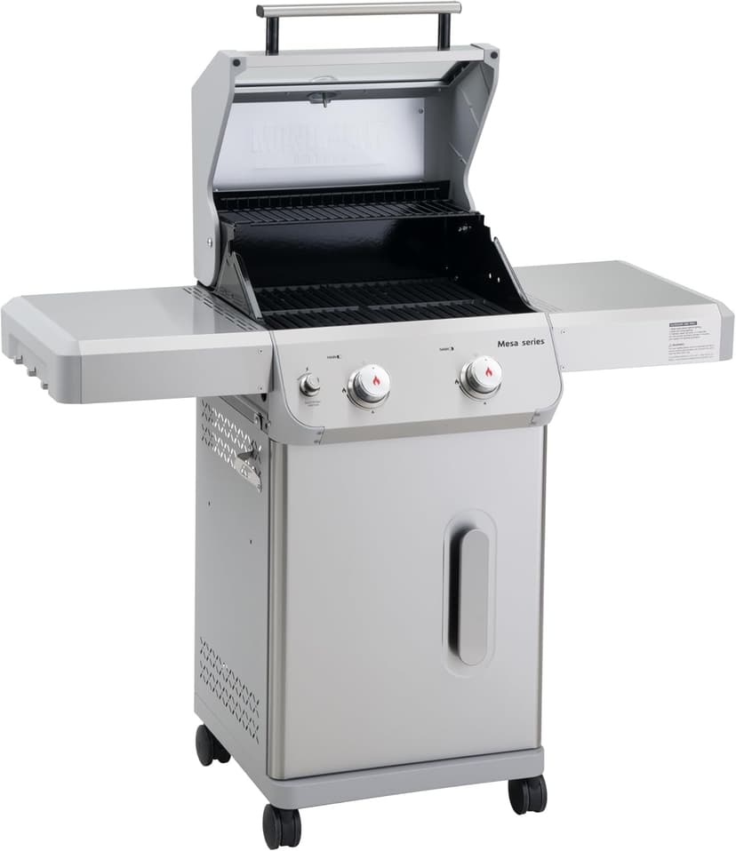Monument Grills 2-Burner Stainless Steel Liquid Propane Gas Patio Garden Barbecue Grill with Clearview® Lid, Knob Control, and Two Foldable Shelves Mesa200S with BBQ Cover