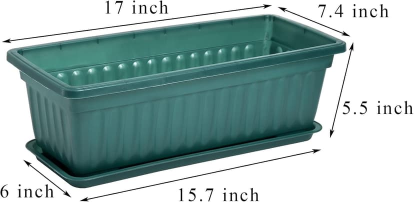 Fasmov 7 Pack 17 Inches Flower Window Box Plastic Vegetable Planters with Trays Vegetables Growing Container Garden Flower Plant Pot with 7 Pcs Plant Labels for Balcony, Patio, Garden, Green