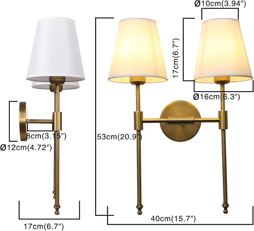 PERMO Classic Rustic Double Sconce 2-Lights Wall Sconce Lighting Fixture with Flared White Textile Lamp Shade and and Antique Brass Finished Long Arm,Wall Sconce Light Fixture for Bathroom Bedroom