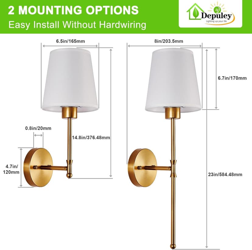 Depuley Battery Operated Wall Sconce: Set of 2 Wireless Wall Lights with Remote for Bedroom - Rechargeable 15 Colors Gold Wall Lamp for Living Room Hallway