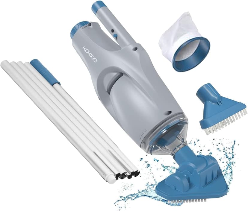 KOKIDO (2025 Upgrade) Rechargeable Handheld Pool Vacuum with Dual Brush Heads and Aluminum Pole, 60 mins Cordless Spot Cleaning Suction, Above Ground Pool, Hot Tub, Spa and Pools to 20ft, XTROVAC 110