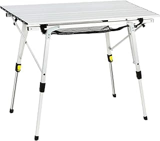 PORTAL Outdoor Folding Portable Picnic Camping Table with Adjustable Height Aluminum Roll Up Table Top Mesh Layer, Silver