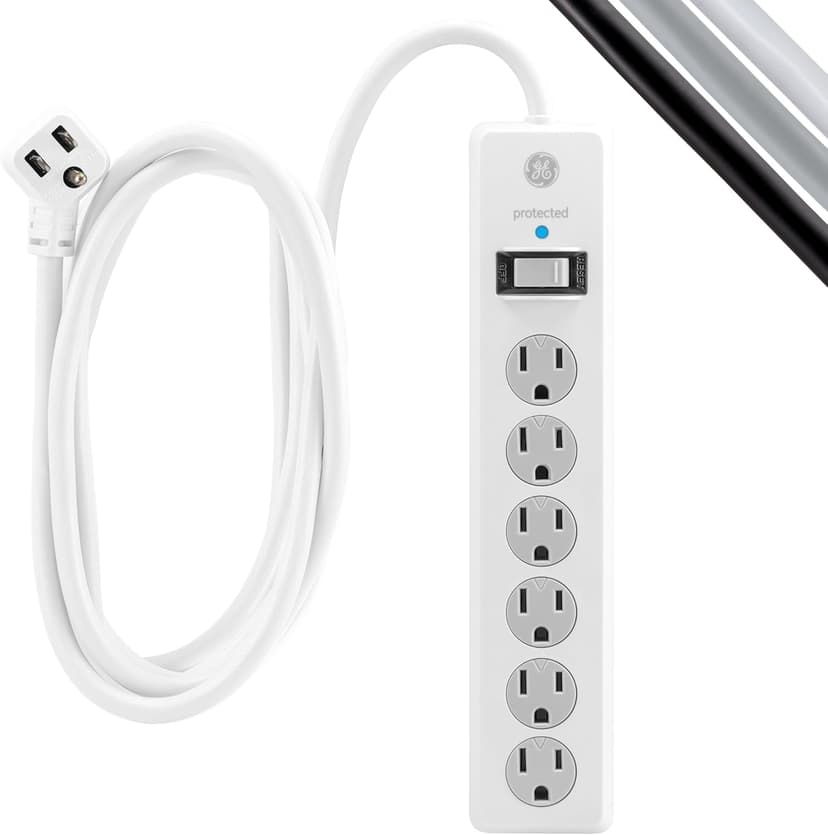 GE 6-Outlet Surge Protector, 20 Ft Extension Cord, Power Strip, 800 Joules, Flat Plug, Twist-to-Close Safety Covers, Protected Indicator Light, UL Listed, White, 50770