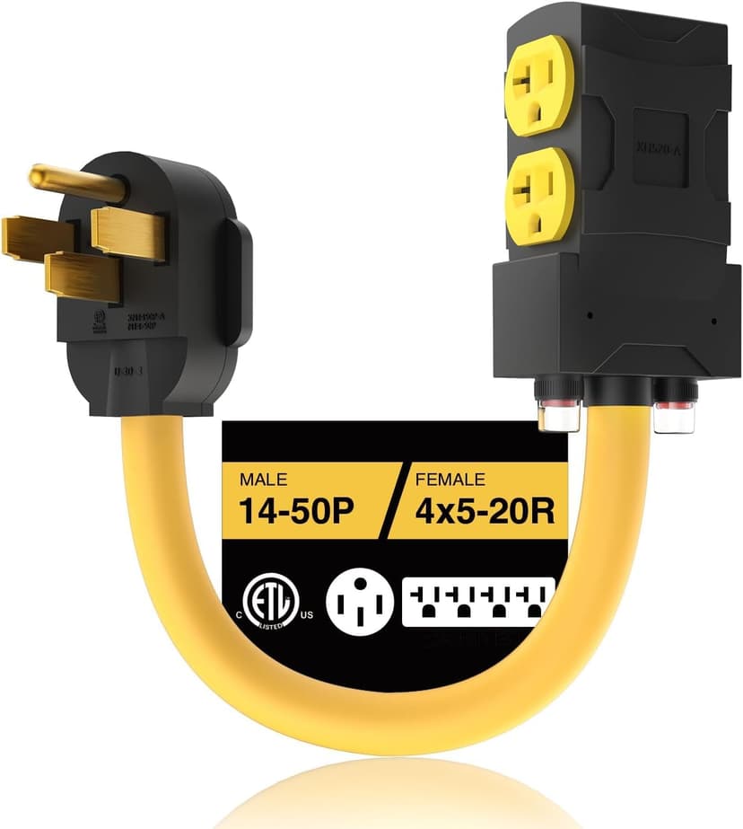[240V to 120V] 50 Amp to 20 Amp 110 Adapter With Circuit Breaker RV Generator Cord Distribution NEMA 14-50 to 4X 5-15R/5-20R T-Blade Multiple Use ETL Listed 1.5 FT Household Outlet