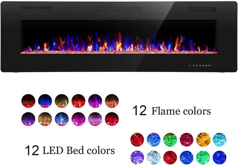 R.W.FLAME 60" Recessed and Wall Mounted Electric Fireplace, Low Noise, Fit for 2 x 6 Stud, Remote Control with Timer, Touch Screen, Adjustable Flame Color and Speed, 750-1500W