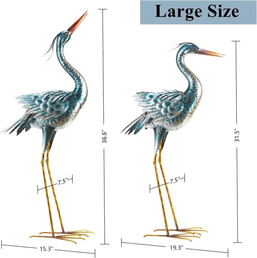 Chisheen Large Garden Crane Outdoor Sculptures, Metal Yard Art Heron Standing for Indoor Outdoor Decor, Bird Statues for Patio Lawn Porch Decorations, Set of 2