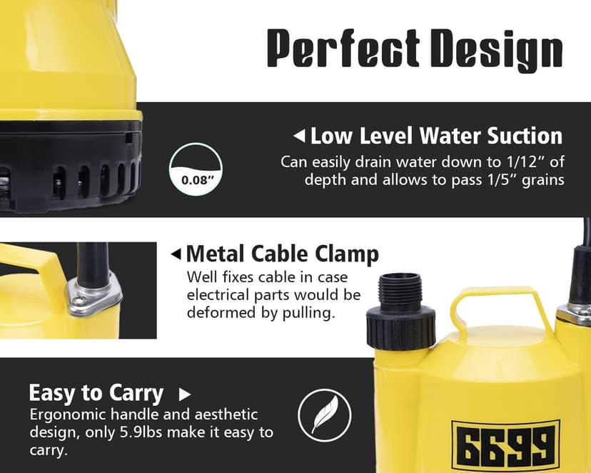 1/6HP Portable Utility Pump Submersible Small Backup Sump Pump Draining pump to Remove Water from Flooding House Basement Pool Tankless Heater Flushing Pump with 10-Foot Cord SUB 1100