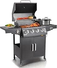Propane Gas Grill 4 Burners with Side Burner Freestanding Grill Cart with Wheels for Outdoor Garden Cooking Barbecue Grill, Black