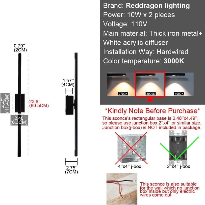 Only Suitable for Small Junction Box Hardwired Minimalist Dimmable Black Tube Linear Wall Sconce 24 Inch Mirror Vanity Light for Bathroom Living Room Bedroom Corridor (2 Pack, 24'', Black, Dimmable)