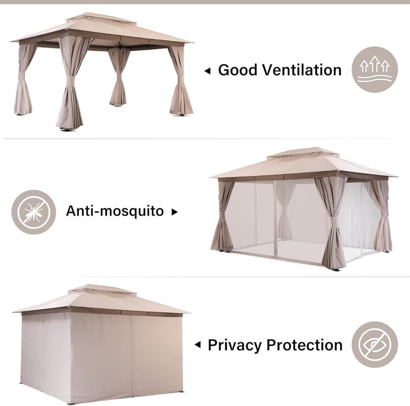 LAUSAINT HOME Outdoor Patio Gazebo 10'x13' with Expansion Bolts, Heavy Duty Gazebos Party Tent Shelter with Double Roofs, Mosquito Nets and Privacy Screens for Backyard, Garden, Lawn, Khaki