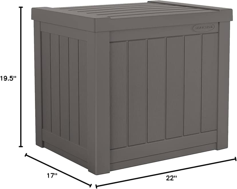 Suncast 22-Gallon Small Deck Box - Lightweight Resin Indoor/Outdoor Storage Container and Seat for Patio Cushions and Gardening Tools - Store Items on Patio, Garage, Yard - Stone Gray, Made in the USA