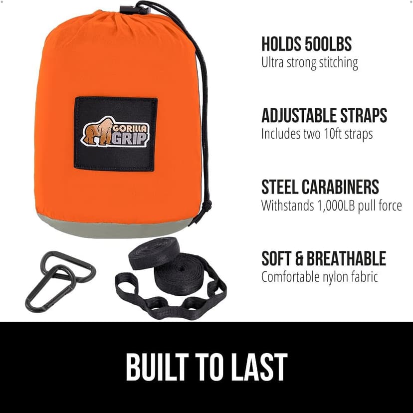 GORILLA GRIP Durable Portable Camping Hammock, Holds 400lbs with Heavy Duty Tree Straps, Comfortable Travel Swing, Camp Hammocks, Easy to Use and Install, Outdoor Essentials, Orange, 10x6.5 FT