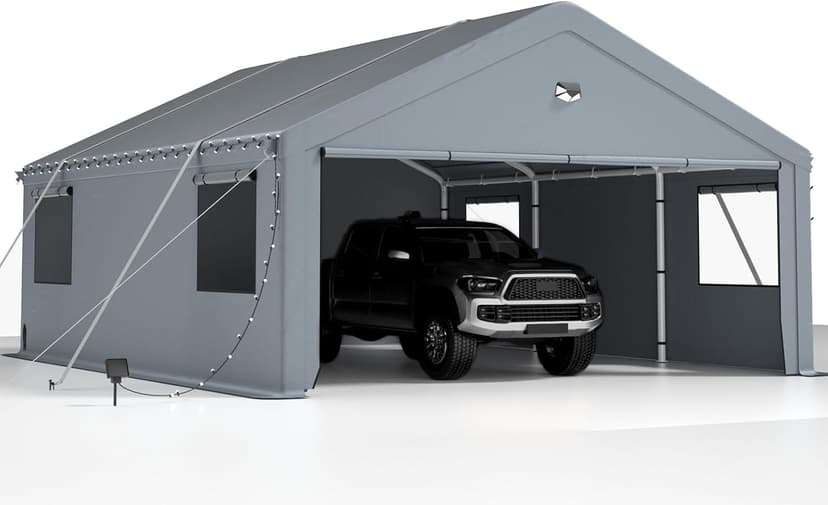 2 Car Carports 20X20 Heavy Duty with Removable Side Walls, Car Port Canopy, Portable Shelter, All Weather, Gray