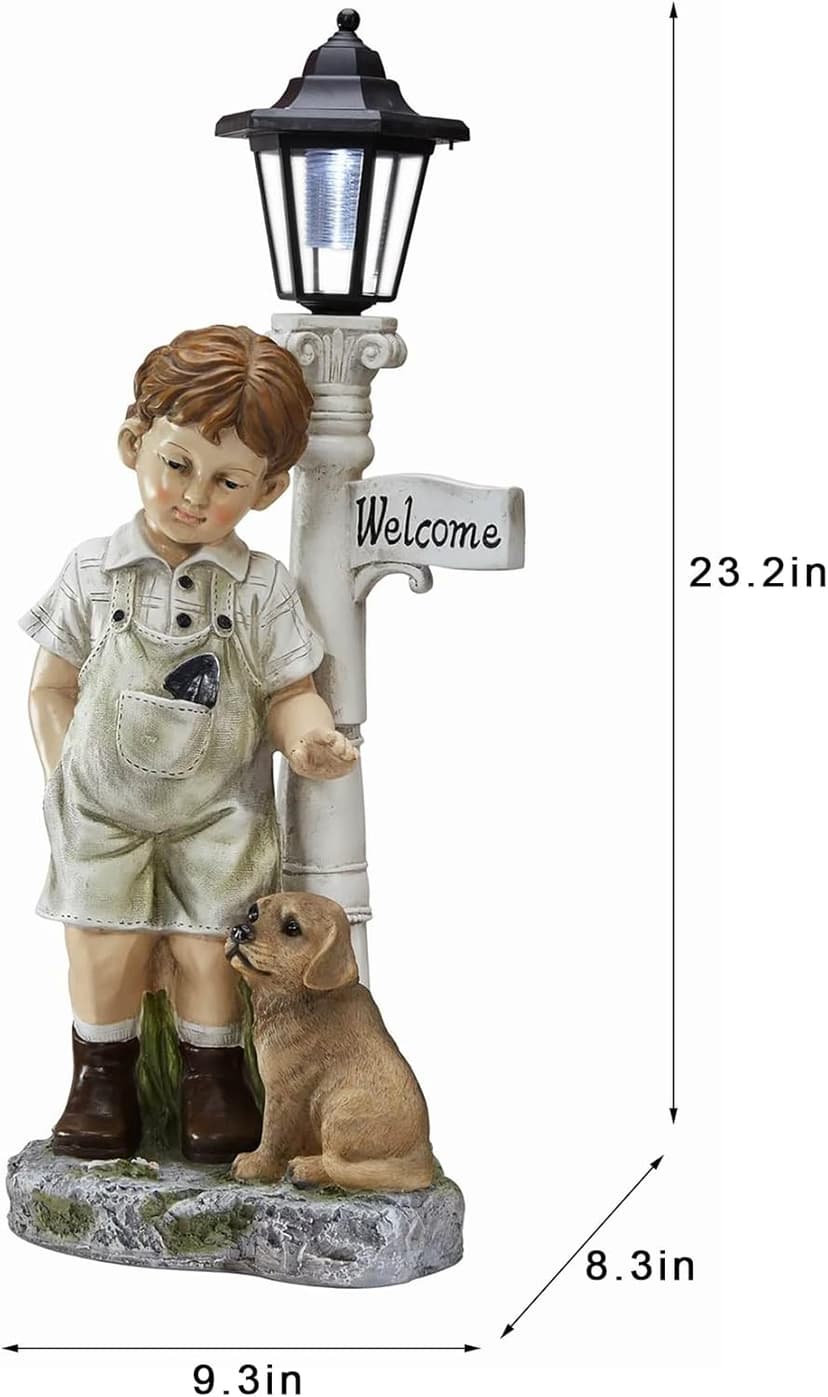 Solar Boy Statue Welcome Sign Garden Statues for Garden Decor, Porch, Lawn, Yard Art Decorations, Resin 23.2H inch