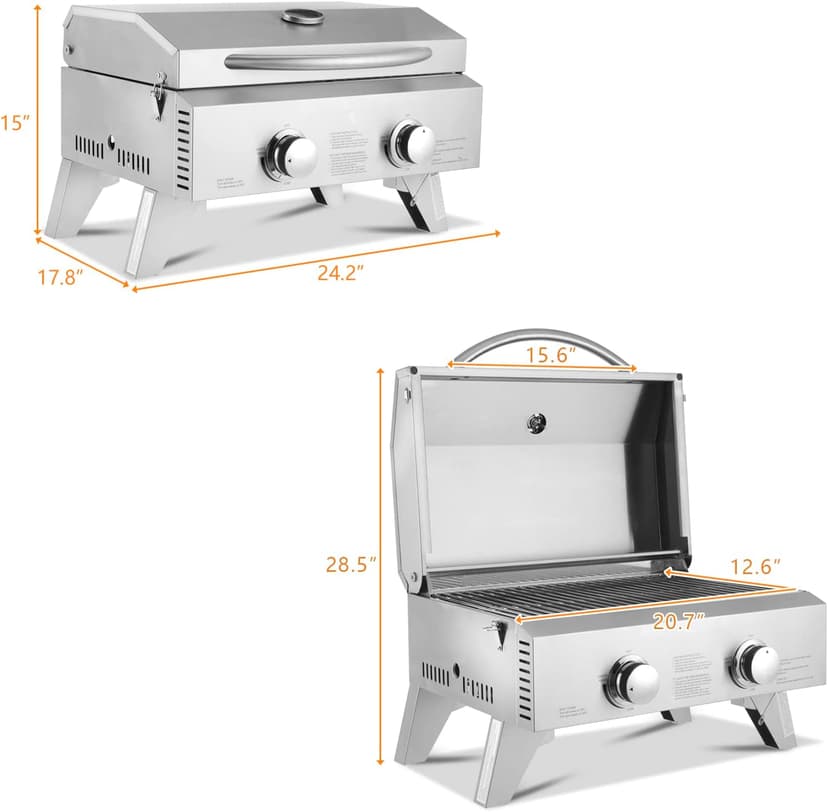ROVSUN Portable Gas Grill with 2 Burner, 20,000BTU Large Tabletop Camping Propane Griddle for Outdoor Patio Garden BBQ Picnic Tailgating Trip Home Use with Stainless Steel Body, Regulator & Hose