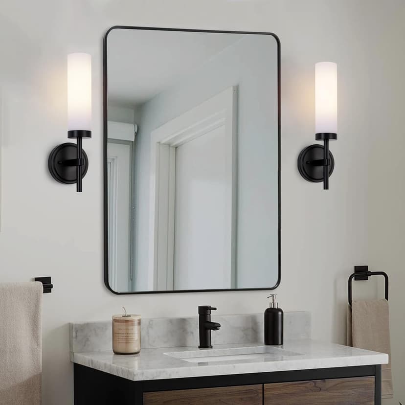 Black Bathroom Wall Sconces Set of 2, Modern Sconces Wall Lighting Vanity Lights with Opal White Glass Shade, Farmhouse Wall Mount Lamp for Mirror Living Room Bedroom Hallway Kitchen Stairs