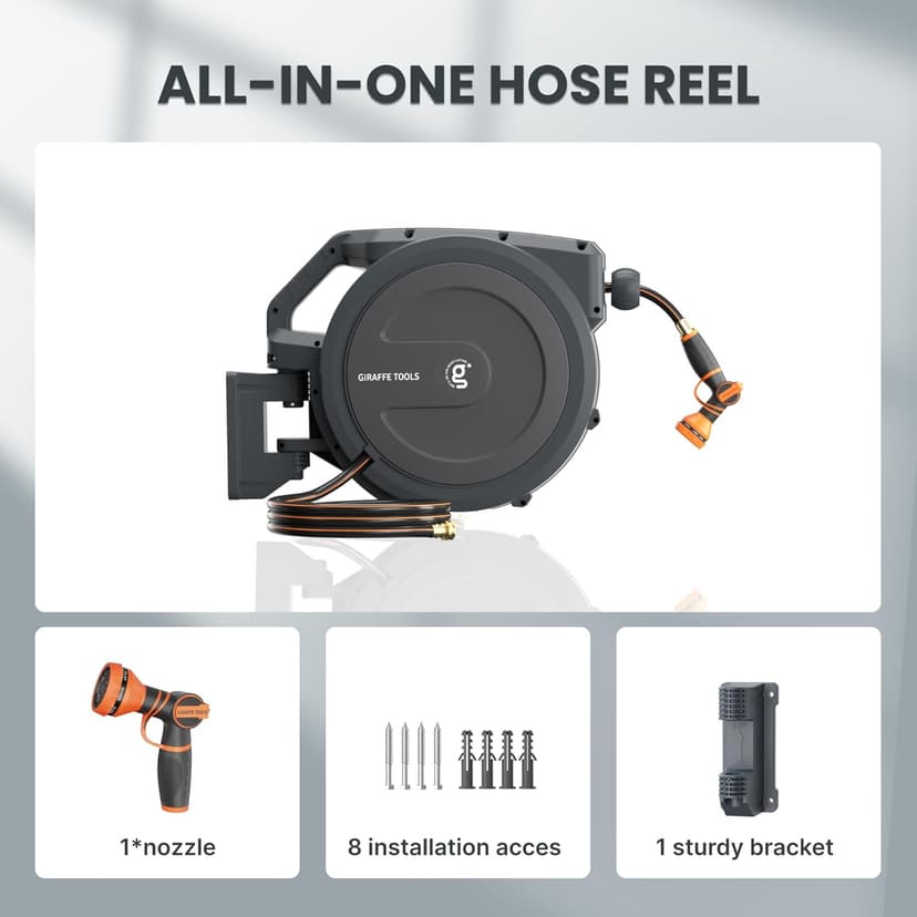 Giraffe Tools AW30 Garden Hose Reel Retractable 1/2" x 100 ft Wall Mounted Water Hose Reel Automatic Rewind, Any Length Lock, 100 ft, Dark Grey